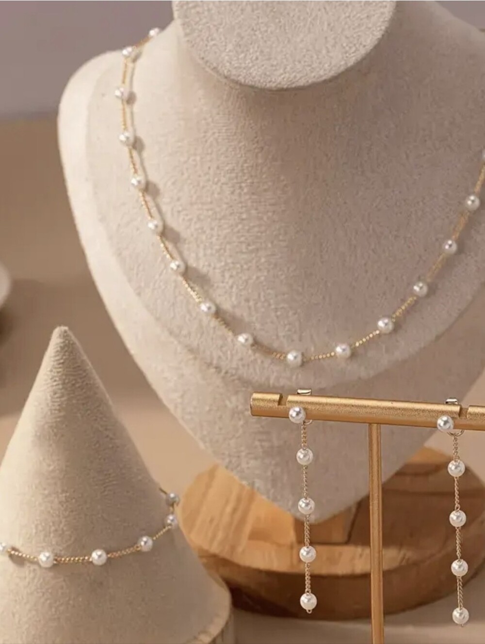Gold Pearl Necklace, bracelet,earrings Set